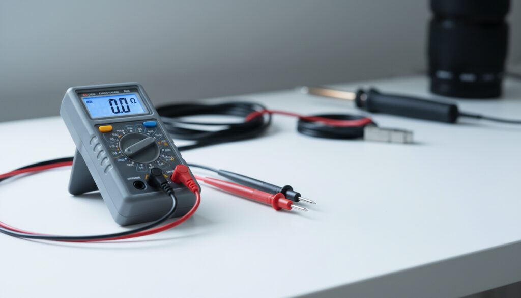 Digitaler Durchgangsprüfer mit Prüfsonden auf weißer Werkbank, Display scharf, Werkstattatmosphäre im Hintergrund