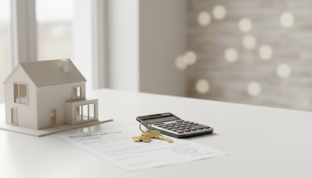 Modellhaus, Kaufvertrag, Taschenrechner und Schlüssel auf Schreibtisch - Grunderwerbssteuer absetzen im Fokus