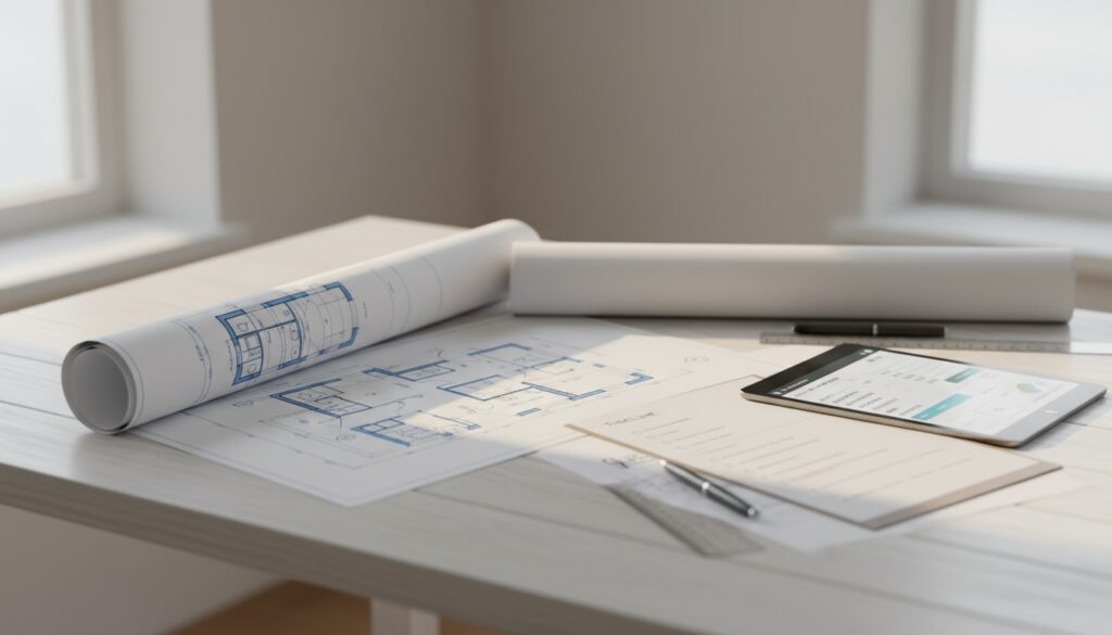 Hausbau Planung: Architektenpläne, Grundrisse, Taschenrechner und Checkliste auf weißem Schreibtisch