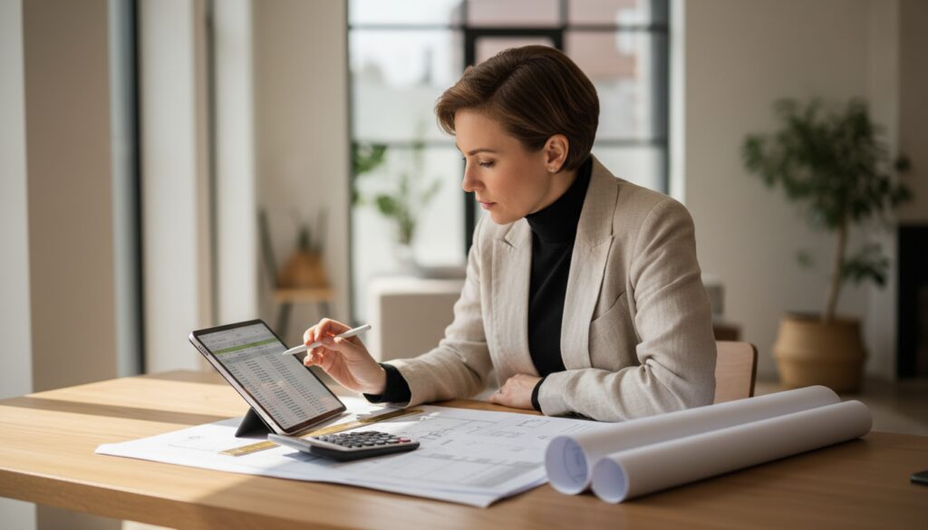 Architekt prüft Baupläne und Kostenschätzung am Holztisch, ideal für hausbauunternehmen