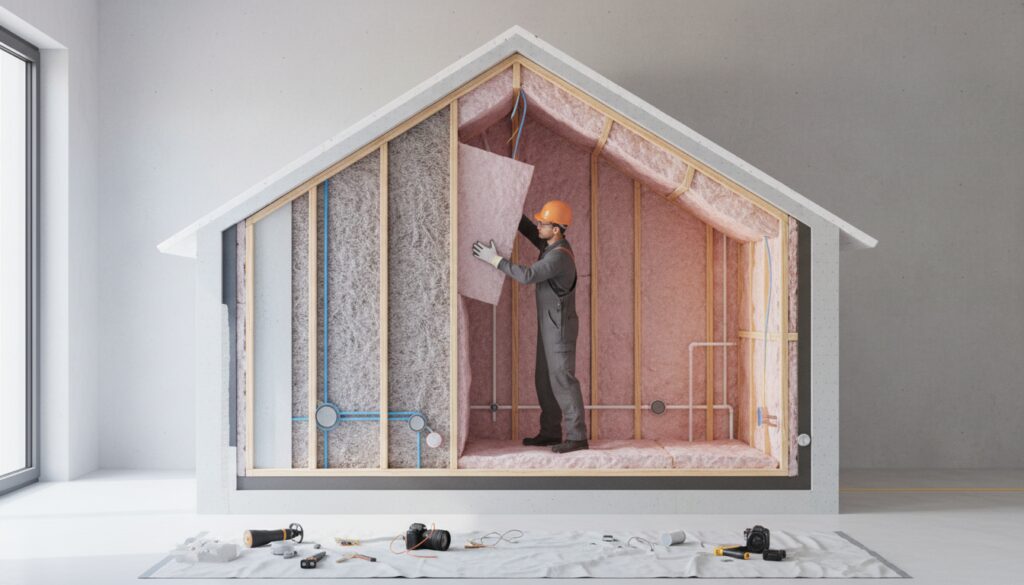 Professionelles Foto einer modernen Hausisolierung im Querschnitt mit Wärmekamera, Handwerker installiert Dämmstoff.