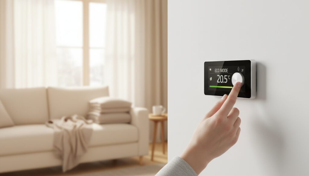 Hand justiert modernes Thermostat an weißer Wand, energiesparendes Heizen — Heizkosten senken durch richtige Einstellung.
