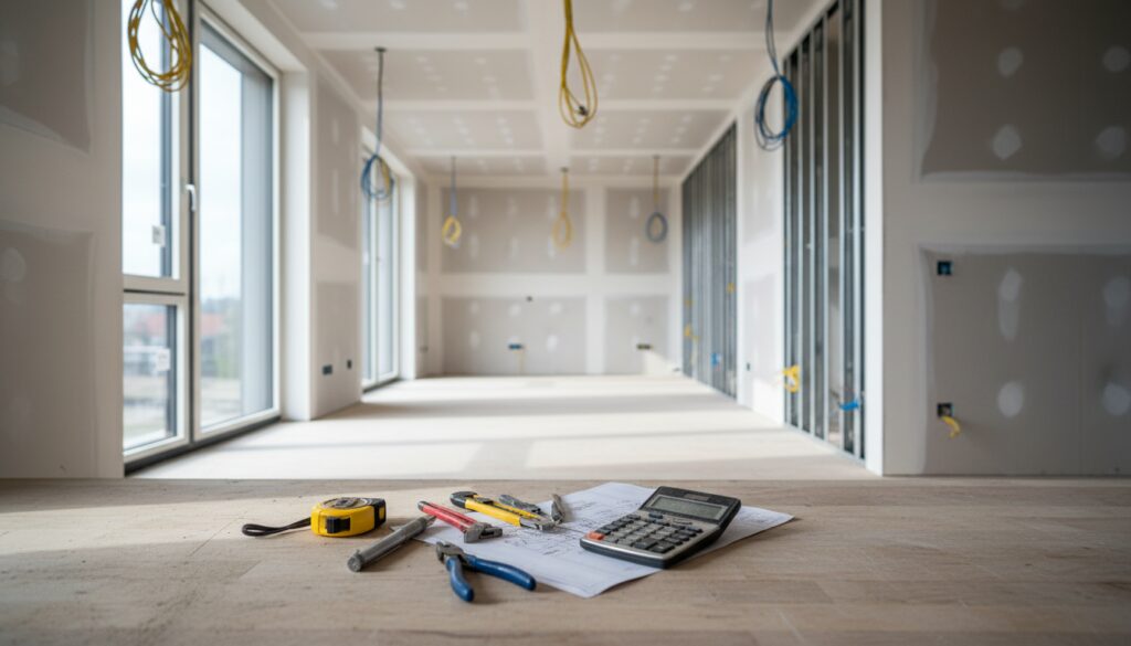Innenausbau Haus Kosten: Innenaufnahme einer modernen Baustelle mit Gipskarton, Kabeln, Werkzeug und Taschenrechner.
