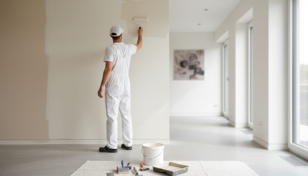 Professioneller Maler streicht eine helle Innenwand mit Rolle in modernem Raum, Thema Maler Kosten