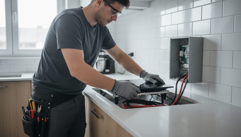 Elektrikerhände beim fachgerechten Herdanschluss eines modernen Ceran-Kochfelds, Kabel und Anschlussdose gut sichtbar