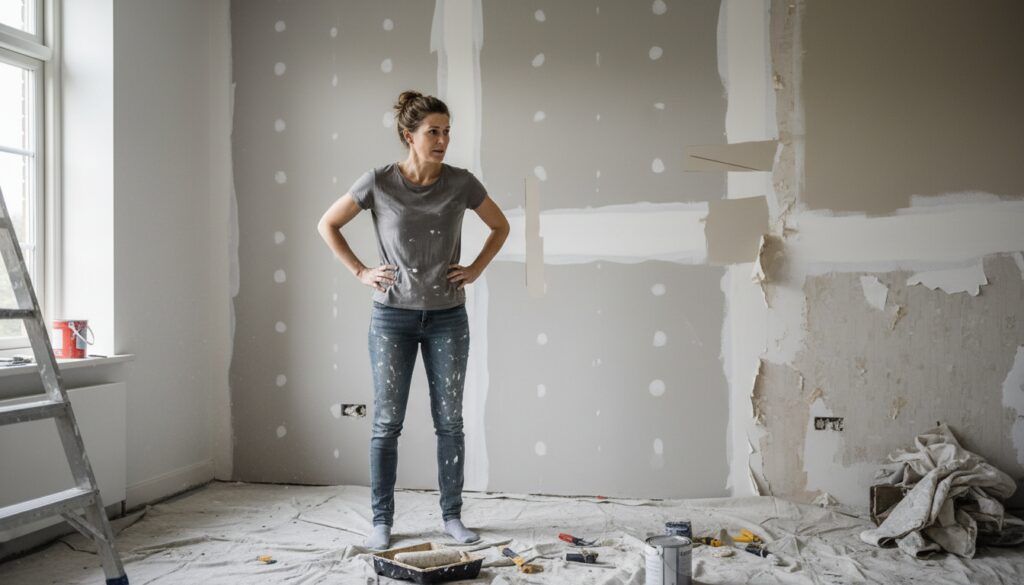 Frustrierter Hausbesitzer zeigt Renovierungsfehler in teils renoviertem Raum mit Werkzeug und Farbrolle auf Abdecklaken.