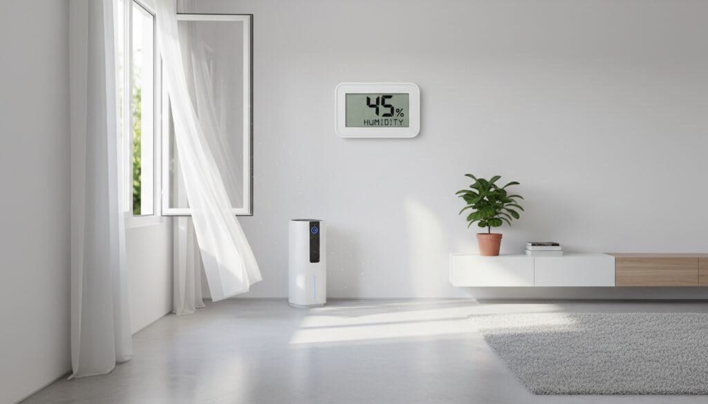 Modernes Wohnzimmer mit offenem Fenster, Hygrometer und Luftentfeuchter – Schimmelprävention durch richtiges Lüften