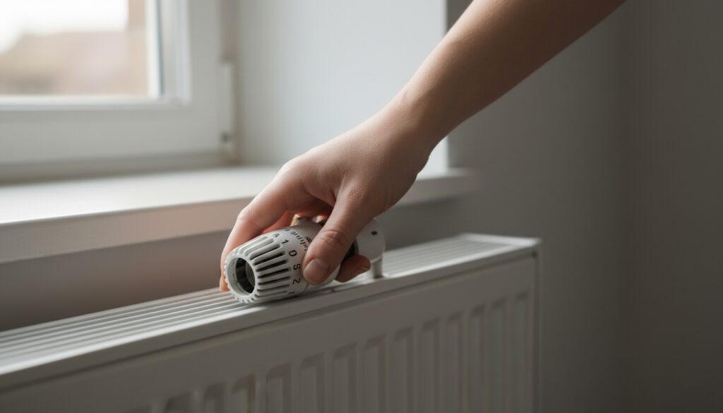 Hand justiert weißes Thermostatventil an modernem Heizkörper, Nahaufnahme mit Temperaturzahlen und weichem Fensterlicht.