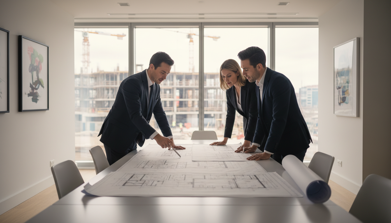 Architekt und Bauherren prüfen Pläne mit Blick auf Baustelle, außenbereich baurecht Thema, DSLR-Foto