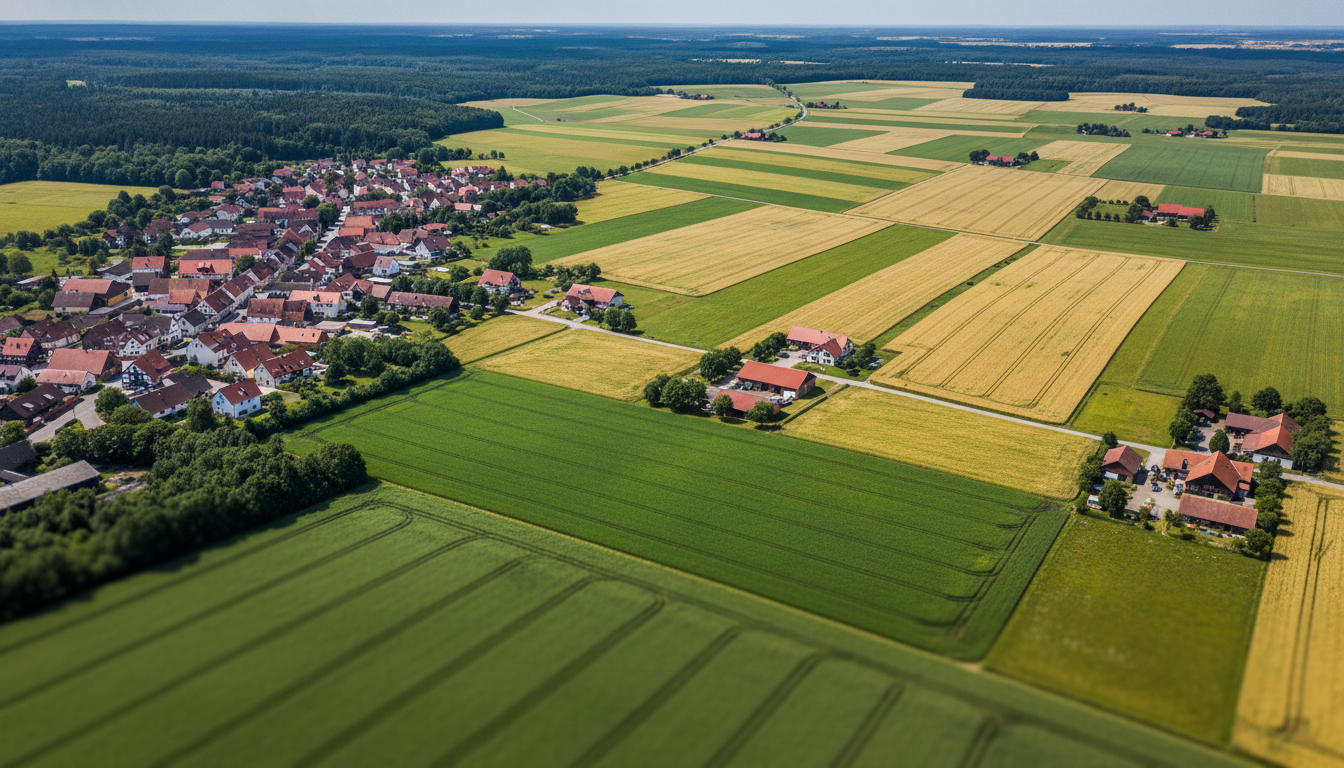 Drohnen-Luftaufnahme: außenbereich baurecht zeigt Siedlungsrand, Felder und Wälder in deutscher Landschaft