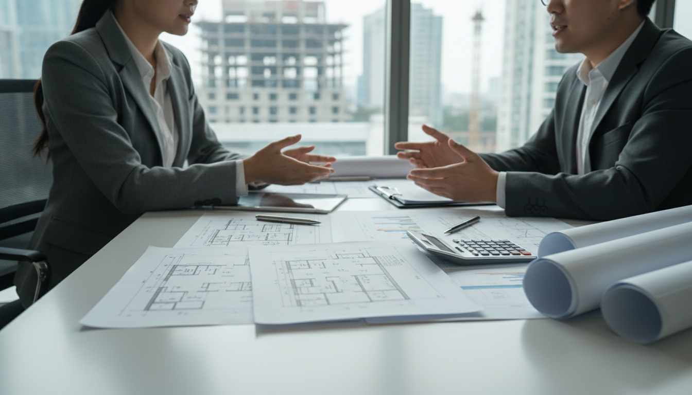 Bankberater erklärt Baupläne neben Taschenrechner und Laptop – baukredite vergleichen in realistischer Beratungsatmosphäre