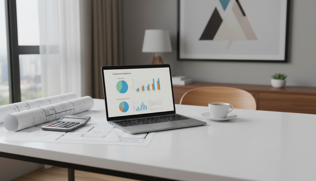Modernes Home-Office mit Laptop und Plänen zeigt, wie man baukredite vergleichen und Baukosten kalkulieren kann.