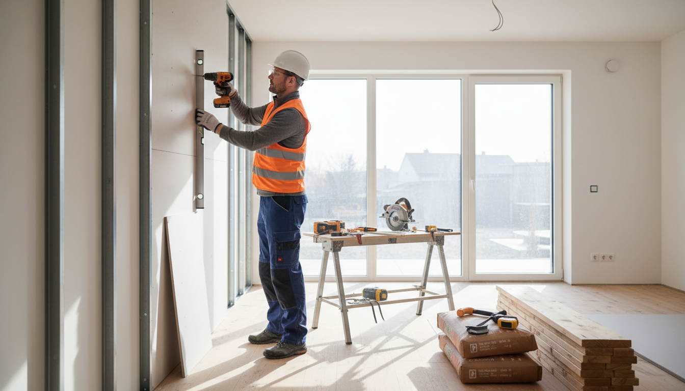 Handwerker bei Innenrenovierung mit Werkzeugen und Tageslicht - Foto zum baukredite vergleichen