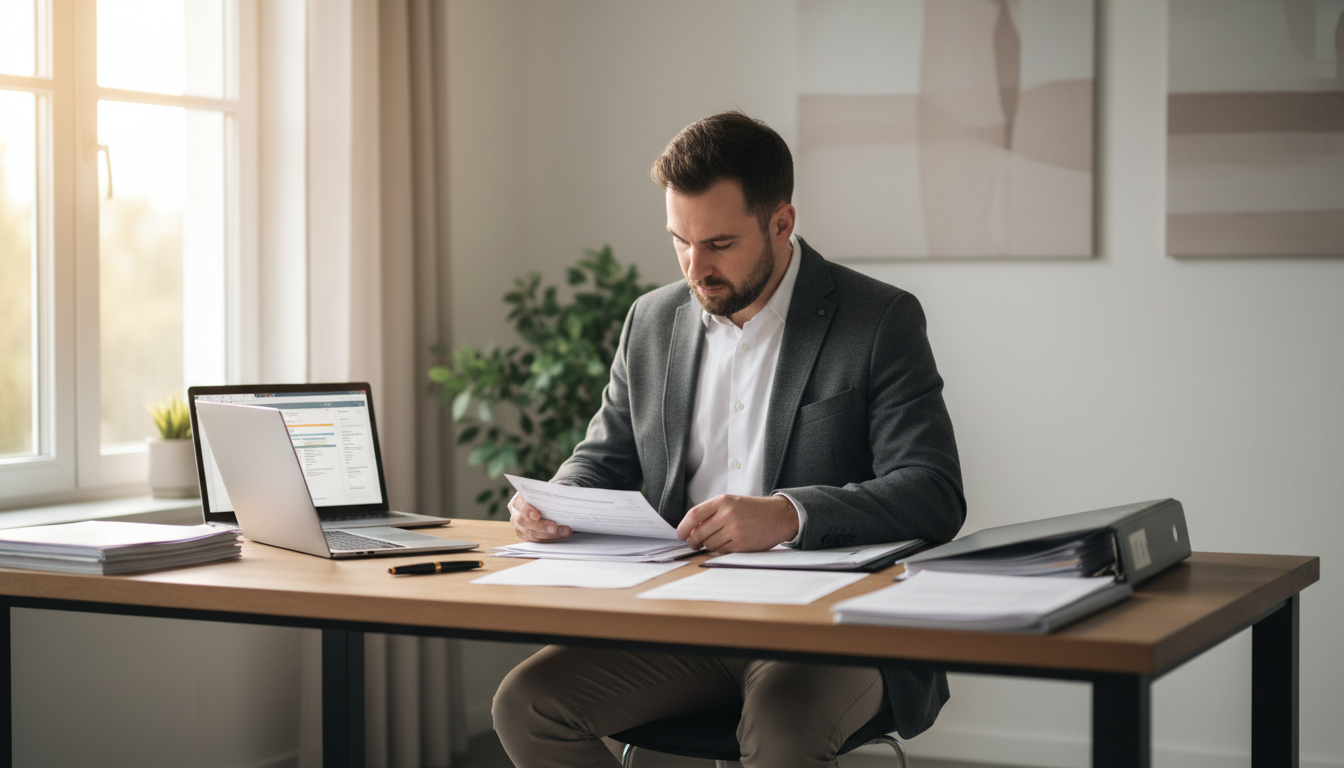 Bauleistungen Freistellungsbescheinigung sicher prüfen Deutscher Handwerker prüft bauleistungen freistellungsbescheinigung und Steuerdokumente am hellen Schreibtisch mit Laptop.