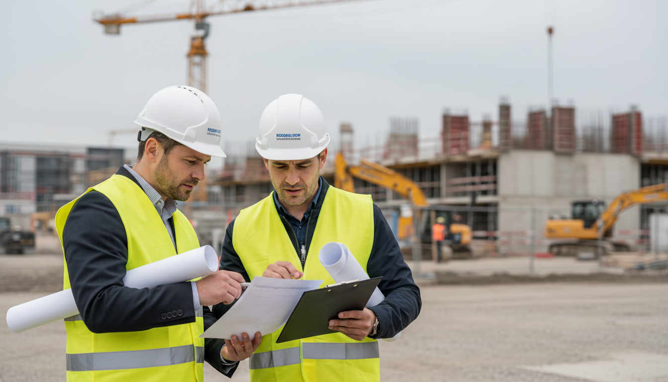 Bauleistungen Freistellungsbescheinigung Haupt- und Subunternehmer prüfen Bauleistungen Freistellungsbescheinigung auf aktiver Baustelle bei Tageslicht