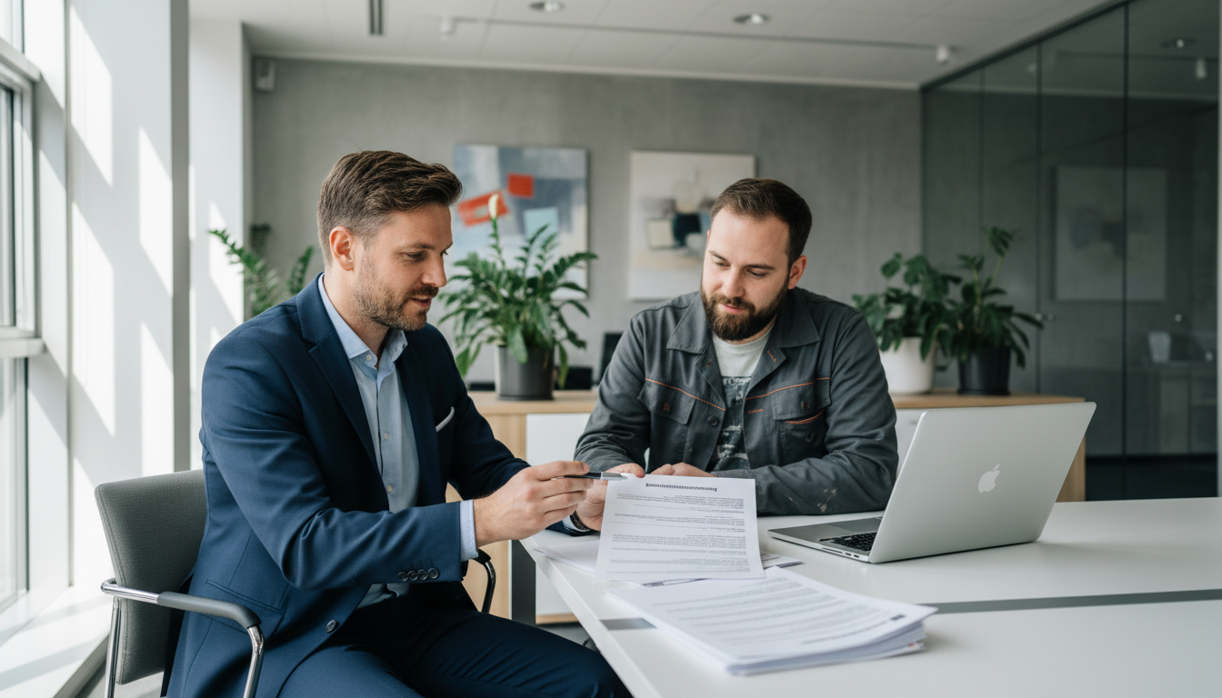 Bauleistungen Freistellungsbescheinigung Beratung im Büro Steuerberater erklärt Bauleistungen Freistellungsbescheinigung einem Handwerker am Schreibtisch mit Laptop und Formularen.