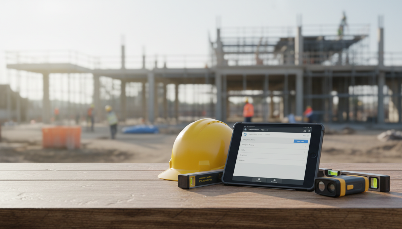 bauvertrag bgb: Digitales Bautagebuch & Dokumentation Tablet mit digitalem Bautagebuch, Bauhelm und Messwerkzeuge auf Baustelle — bauvertrag bgb Kontext.