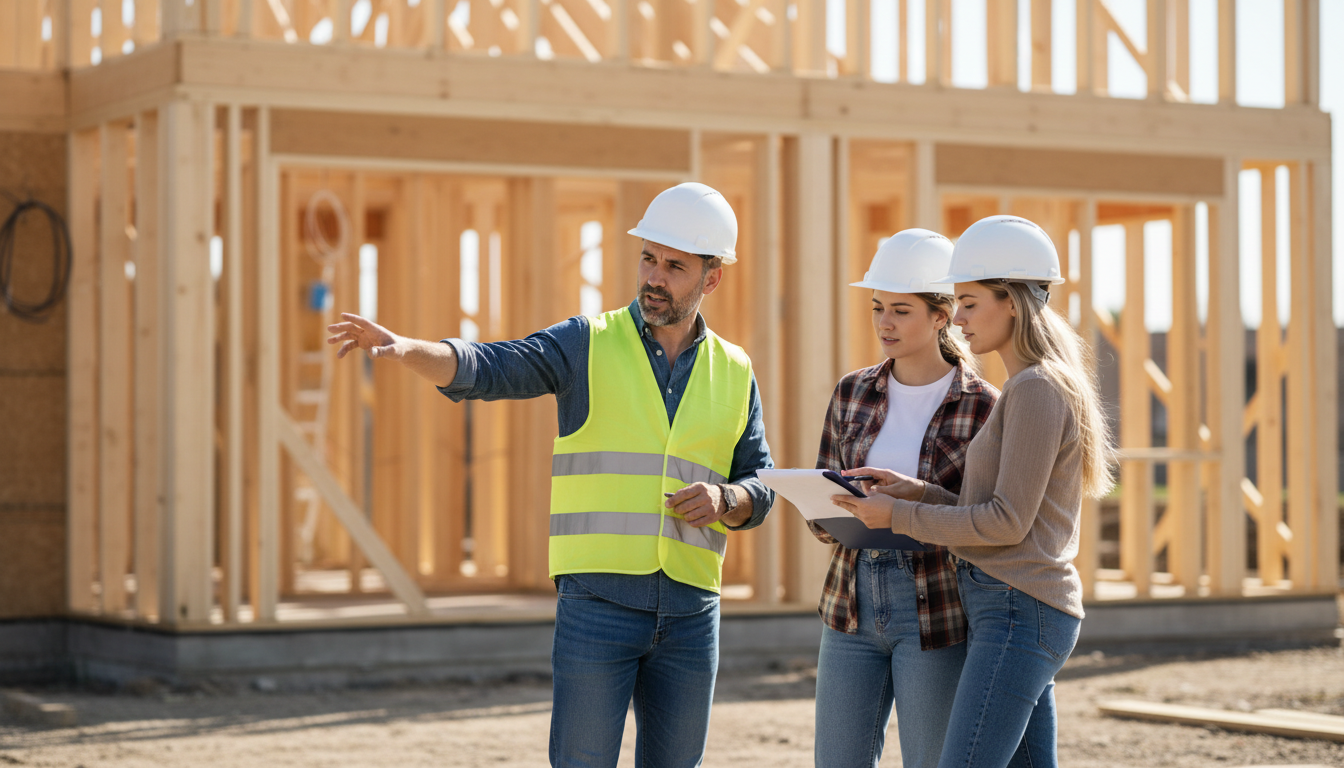 Baueleiter im Helm zeigt Paar mit Bauvertrag Muster und Klemmbrett den Rohbau an einem sonnigen Tag
