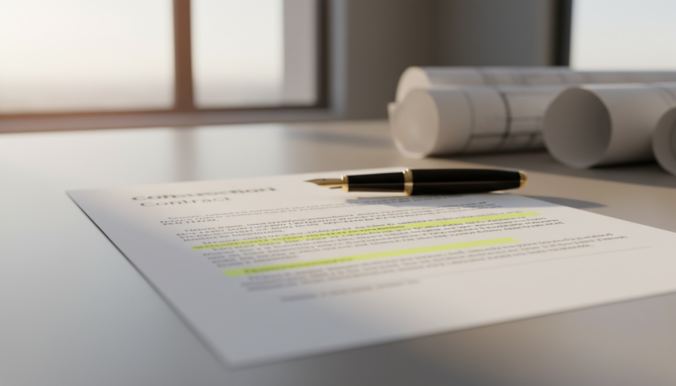 Nahaufnahme eines Bauvertrags als bauvertrag muster: markierte Klauseln, Füllfederhalter und Baupläne auf dem Schreibtisch