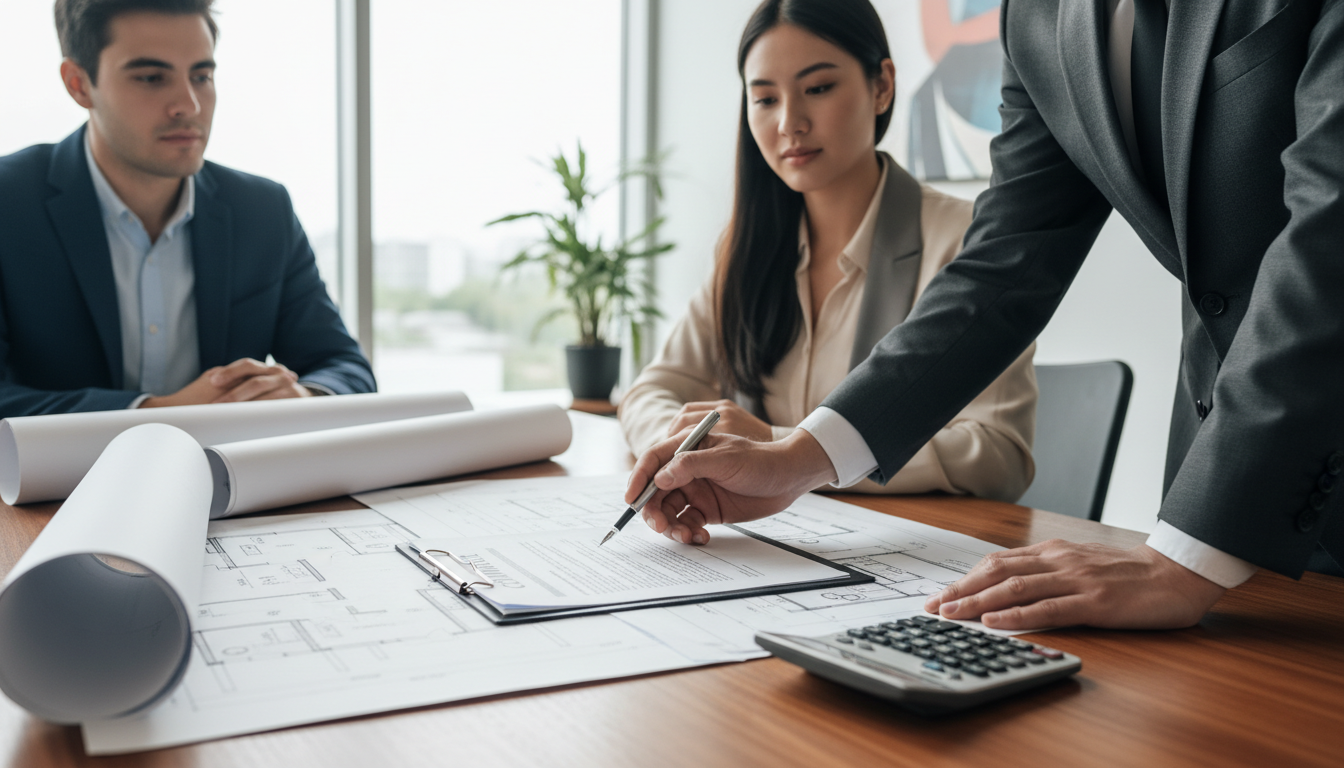 Paar unterschreibt Bauvertrag Muster im Büro mit Anwalt, Bauplänen und Taschenrechner bei Tageslicht