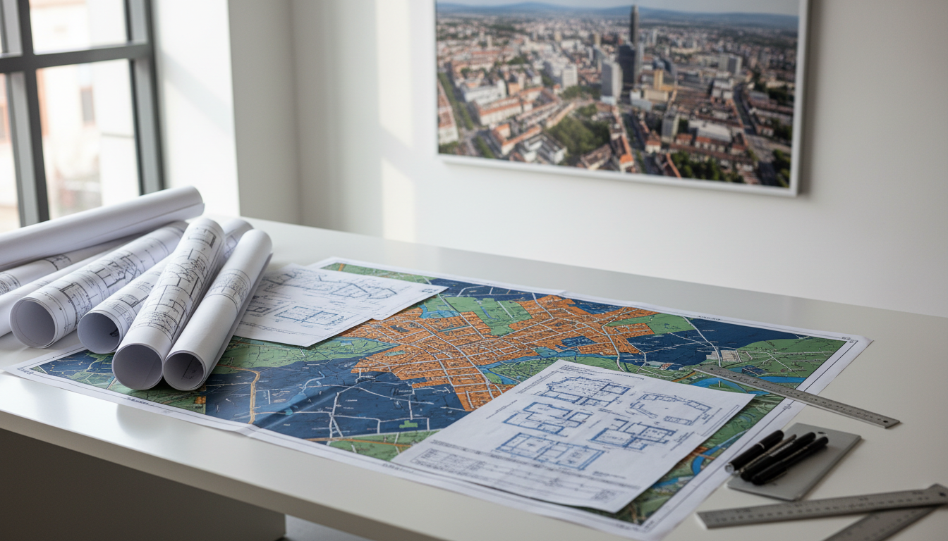 Bebauungspläne Stuttgart: Architektur- und Stadtplanung Bebauungspläne Stuttgart auf Architektenschreibtisch mit Bauzonen, Stadtkarte und Blaupausen in natürlichem Licht