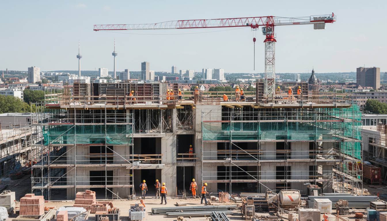 bebauungspläne stuttgart: Baustelle mit Kran Partielles Wohngebäude mit Gerüst, Kran und Bauarbeitern in Stuttgart – Bebauungspläne Stuttgart im Fokus