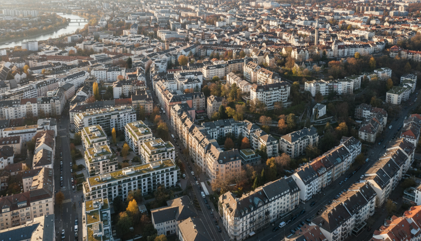 Luftaufnahme: Bebauungsplan Stuttgart sichtbar an Hängen mit traditionellen und modernen Wohngebäuden.
