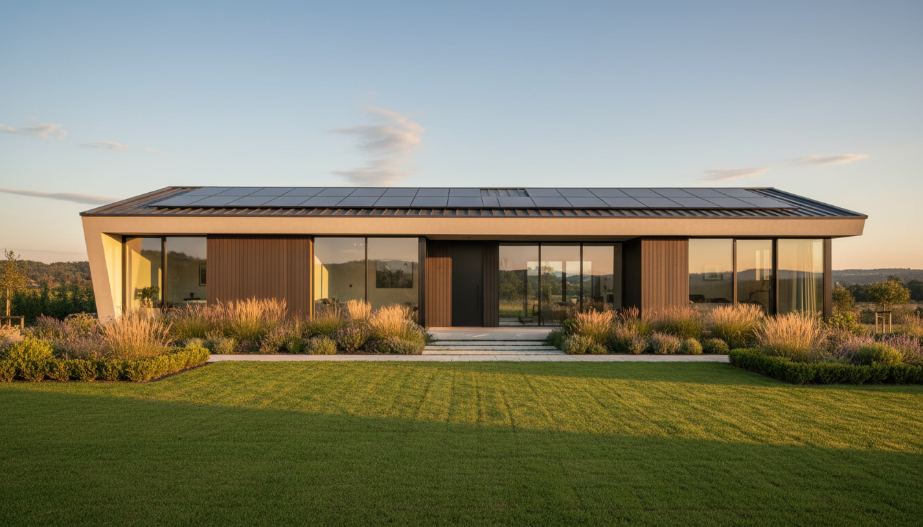 checkliste für den hausbau: Energieeffizientes Neubauhaus Modernes energieeffizientes Neubauhaus bei Goldstunde mit Solarpaneelen großen Fenstern und Garten - checkliste für den hausbau