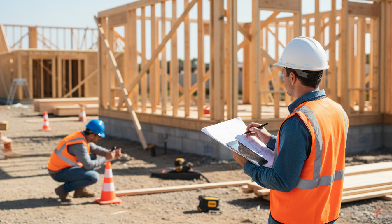 Checkliste für den Hausbau: Qualitätskontrolle vor Ort Qualitätsprüfer mit Bauhelm und Klemmbrett überprüft Baustelle – Checkliste für den Hausbau, teilfertiges Haus im Hintergrund