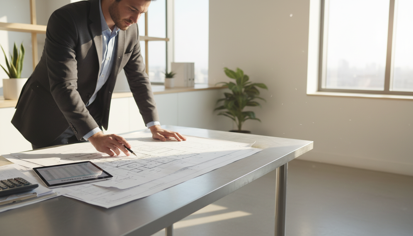 Checkliste für den Hausbau – Bauplanung und Kosten Architekt prüft Baupläne und Kosten am Tisch – Checkliste für den Hausbau mit Taschenrechner und Dokumenten