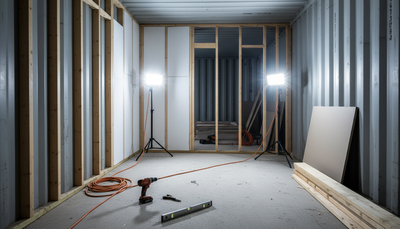 Professionelles Foto vom container haus innenausbau mit freiliegender Stahlwand, Dämmplatten, Werkzeugen und LED-Arbeitsleuchten