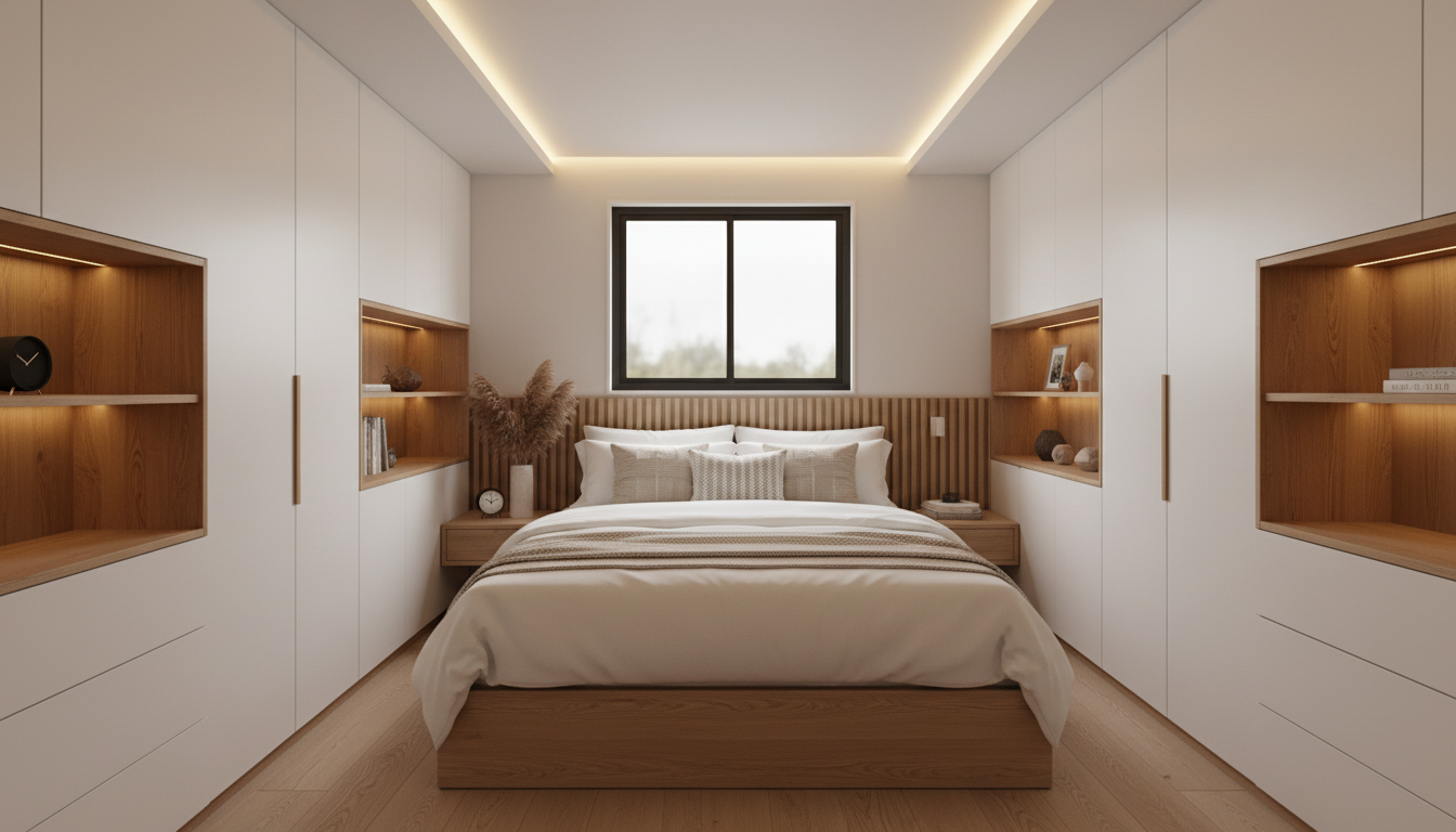 Kompaktes Container Haus Innenausbau Schlafzimmer mit Einbauschränken, warmen Holzakzenten und gemütlicher Beleuchtung