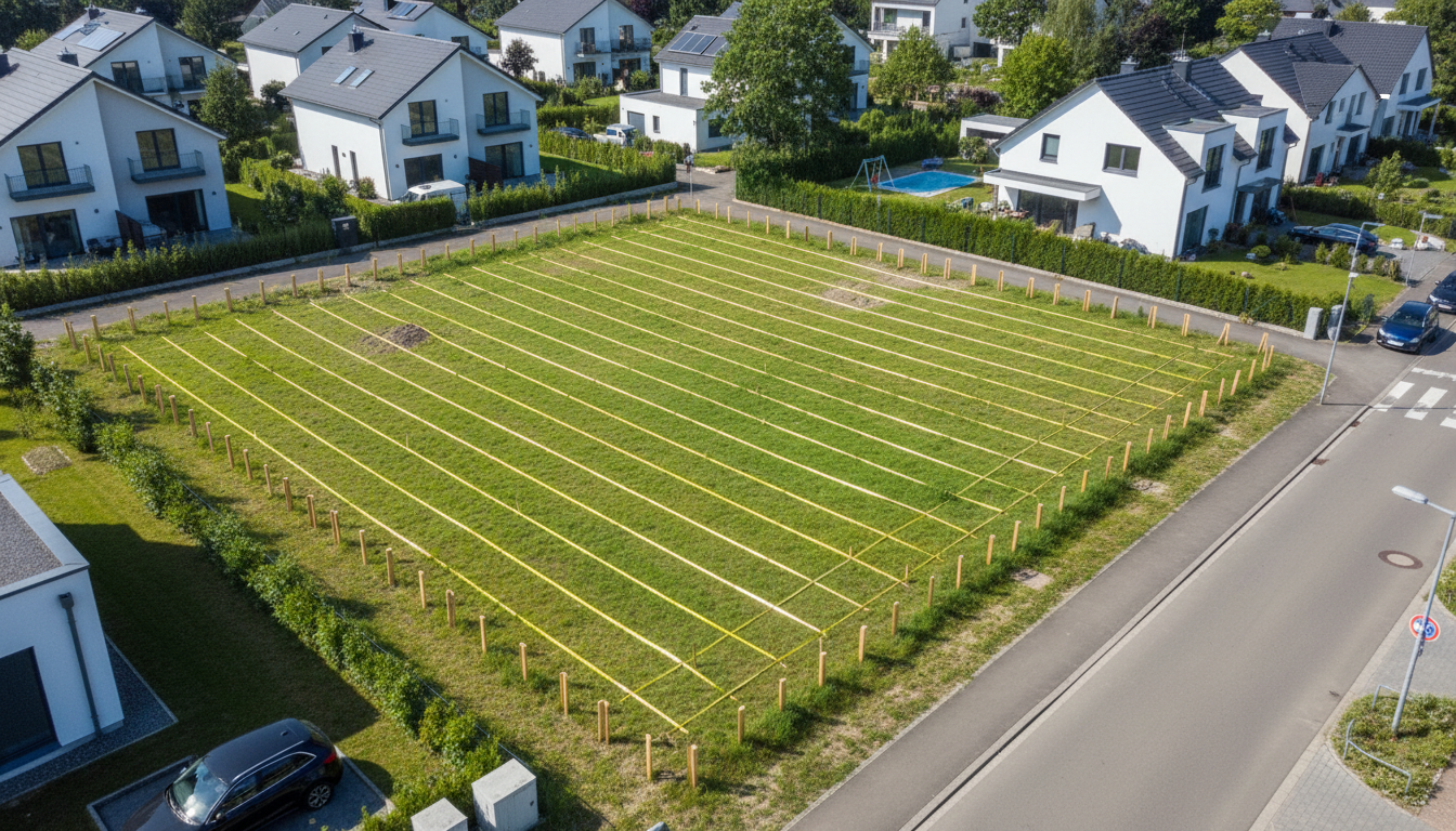 Fertighaus mit Grundstück: Baugrundstück im Überblick Luftaufnahme eines klar markierten Baugrunds mit Fertighaus mit Grundstück in grüner Vorstadtlage