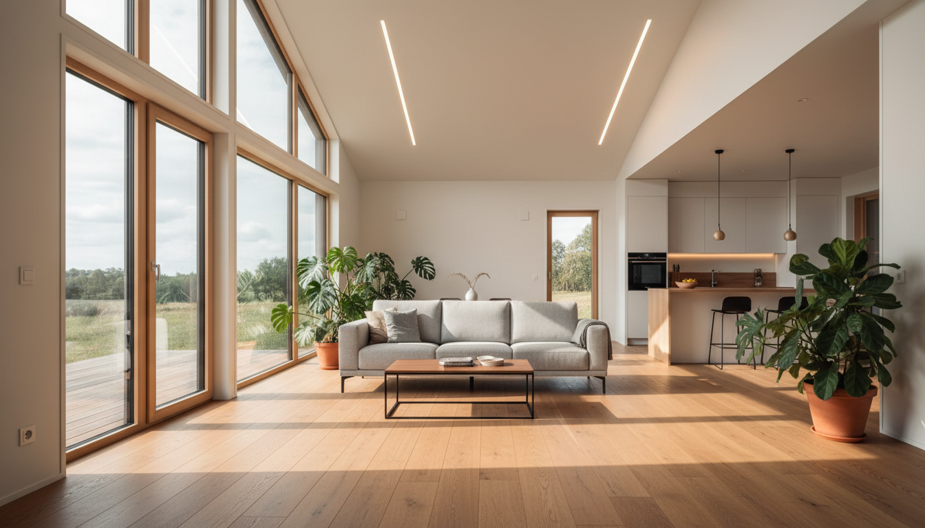 Modernes Fertighaus mit Grundstück – Helles Wohnen Modernes Fertighaus mit Grundstück: Helles Wohnzimmer mit Panoramafenstern, Holzfußboden und energieeffizienten Elementen.