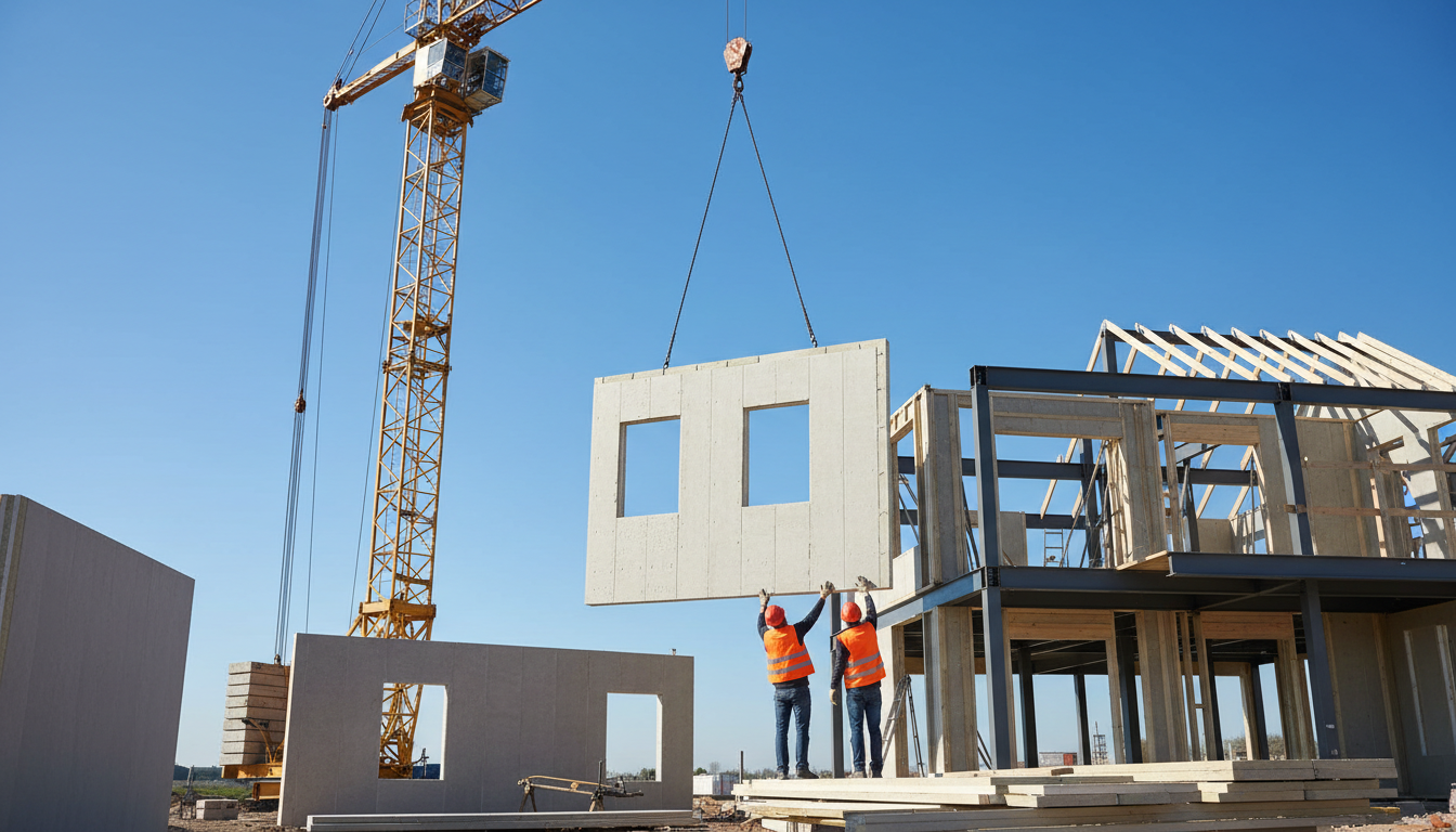 Fertighaus mit Grundstück: Montage moderner Wandelemente Fertighaus mit Grundstück in Montage: Kran hebt Wandelemente, Bauarbeiter koordinieren bei blauem Himmel und hellem Tageslicht.