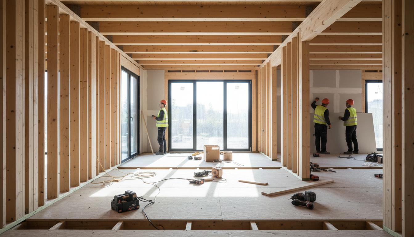 Innenaufnahme während der Fertighaus Montagezeit: Holzrahmen, Fenster, Arbeiter und Baustelle.