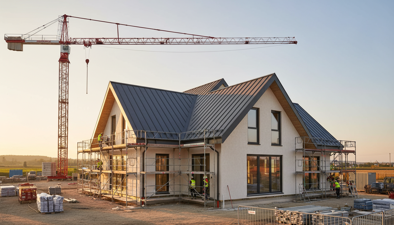 Bauplatz mit Fertighaus Montagezeit: Fertig aufgestellter Rohbau mit Dach, Kran und Arbeitern auf dem Gerüst.