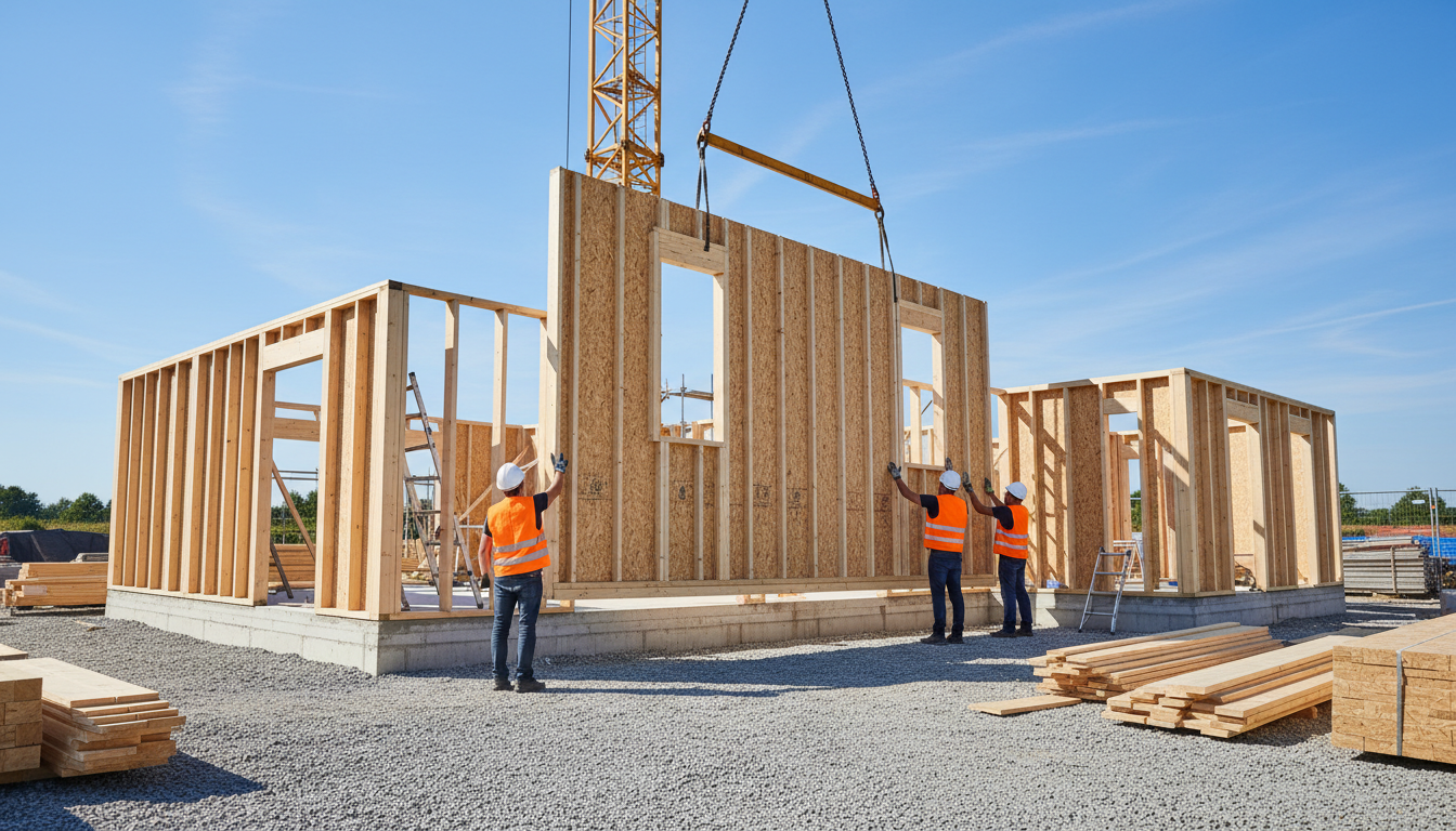 Fertighaus Montagezeit: Kran hebt Wandmodule, Handwerker koordinieren Montage auf Baustelle bei Tageslicht.