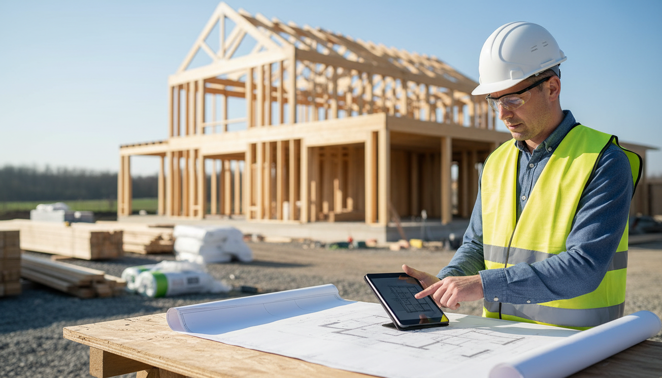 Förderungen beim Hausbau: Berater am Bau Energieberater mit Tablet prüft Baupläne an modernem Hausrahmen auf Baustelle – Förderungen beim Hausbau im Fokus