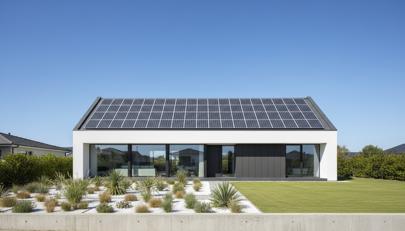 Förderungen beim Hausbau: Modernes Energieeffizienzhaus Modernes energieeffizientes Einfamilienhaus mit Solarpaneelen, große Fenster, Förderungen beim Hausbau nutzen