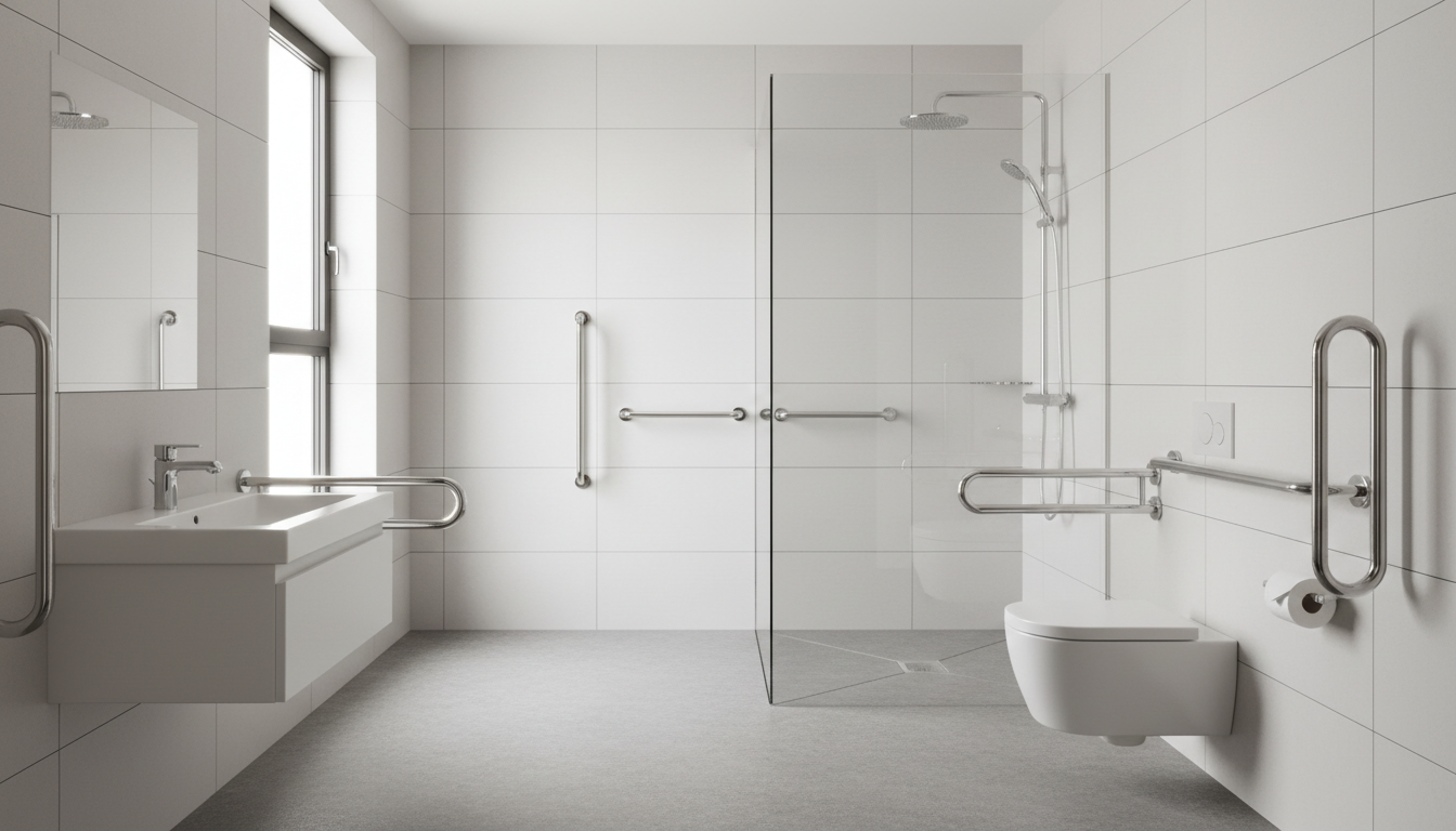 Förderungen beim Hausbau: Barrierefreies Badezimmer Modernes, barrierefreies Badezimmer mit Walk-in-Dusche, Haltegriffen und viel Tageslicht – Förderungen beim Hausbau nutzen.