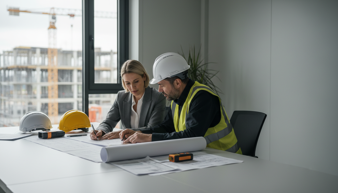 Architekt und Bauleiter prüfen Pläne und Kosten mit Helm und Messwerkzeugen – grunderwerbssteuer bw beachten.