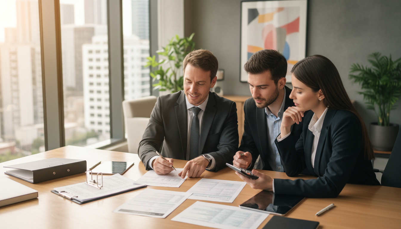Steuerberater erklärt Grunderwerbssteuer BW einem jungen Paar bei Hausbau, Unterlagen und Taschenrechner auf dem Tisch