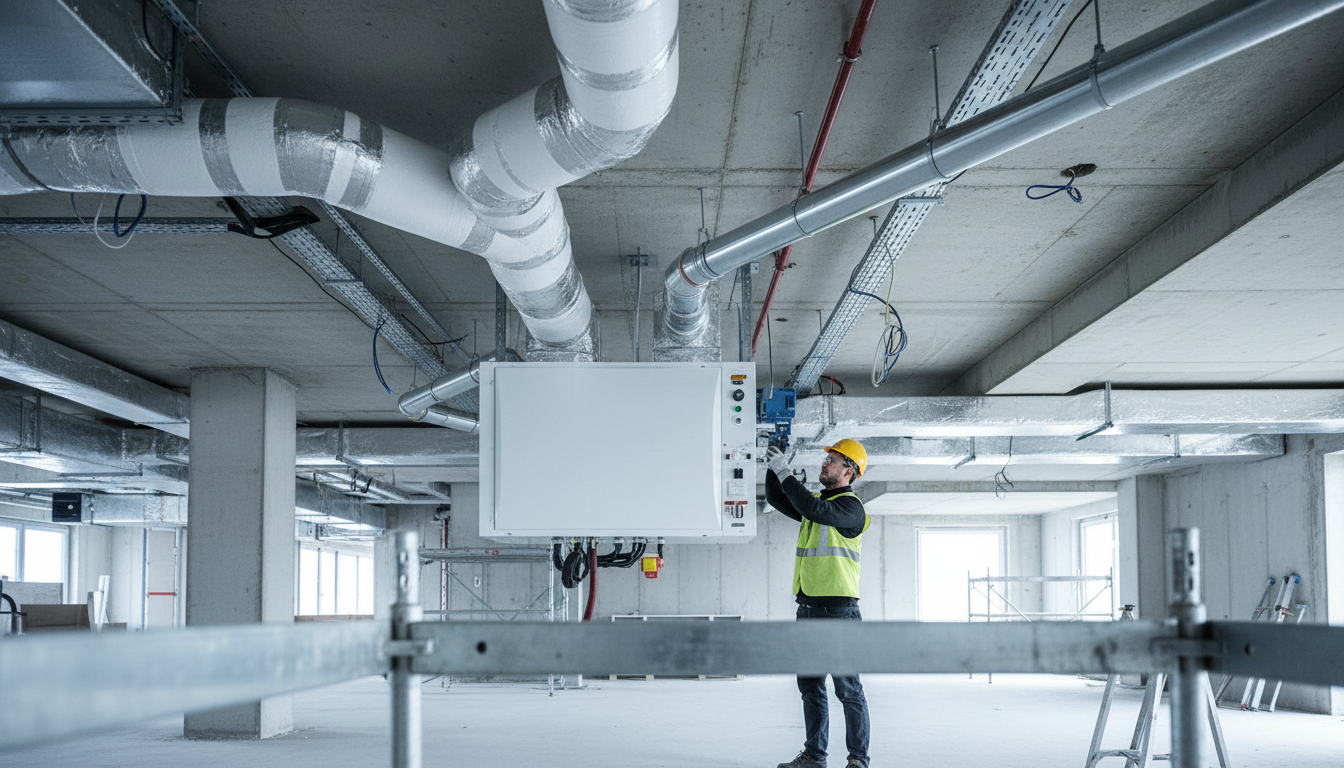 Hausbau nachhaltig: Lüftungsanlage mit Wärmerückgewinnung Techniker montiert zentrale Lüftungsanlage mit Wärmerückgewinnung in modernem Innenausbau – hausbau nachhaltig umgesetzt.