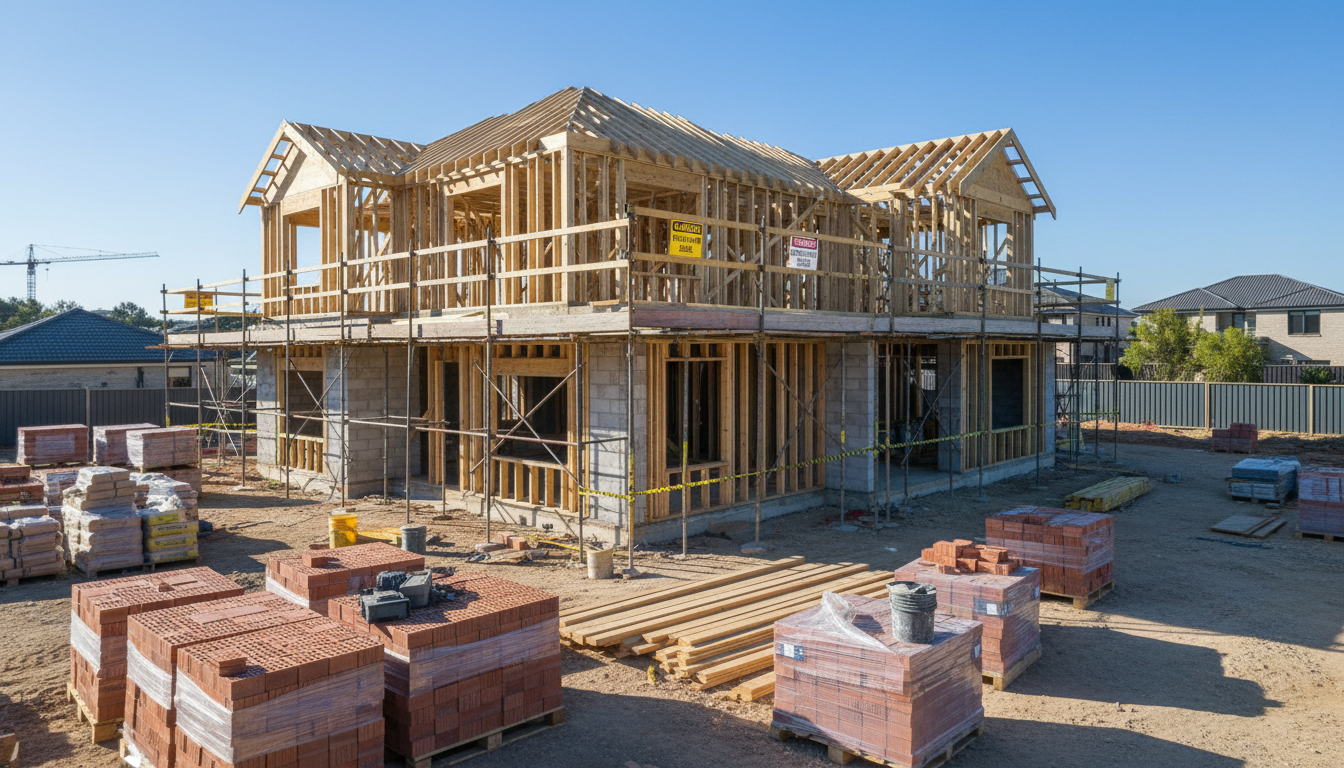 Halbfertiges Haus auf Baustelle mit Gerüst, Material und Hinweisschildern, symbolisch für hausbau versicherung