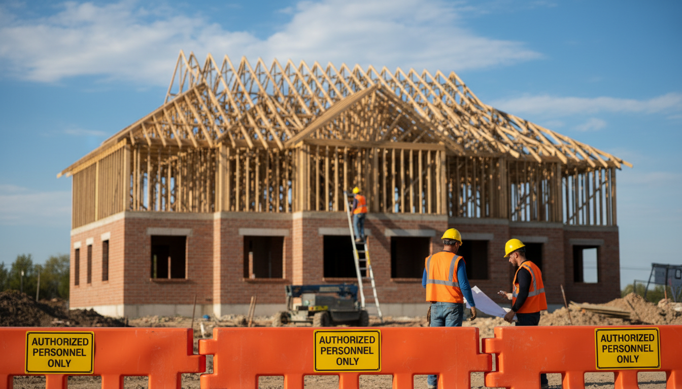 Professionelle Baustelle mit Absperrungen, Warnschildern und Arbeitern in Helmen – hausbau versicherung für Bauprojekte