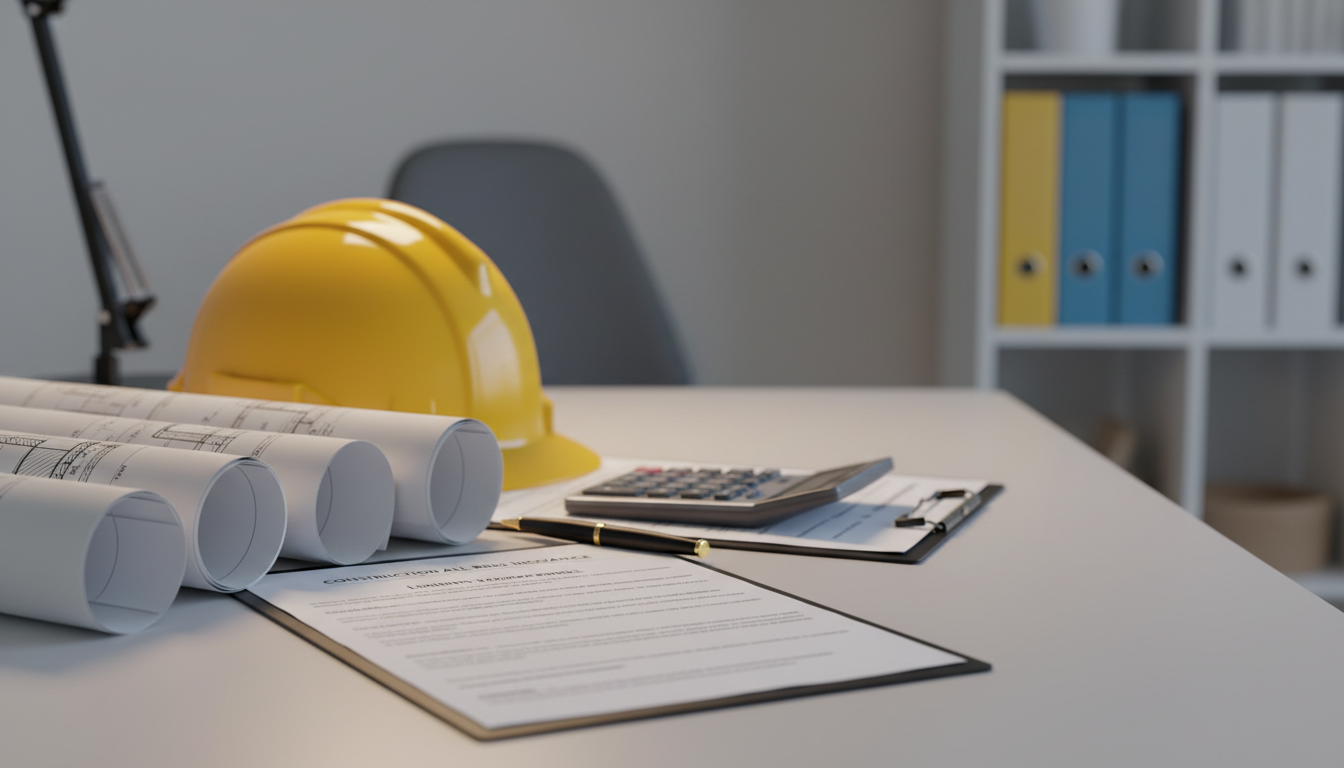 Nahe Aufnahme von Baustellenhelm, Bauplänen, Taschenrechner und Versicherungsunterlagen — hausbau versicherung