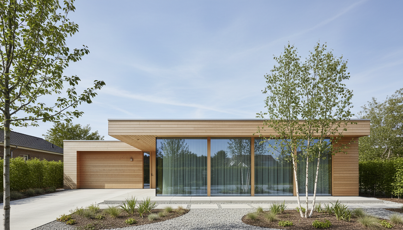 Modernes skandinavisches kleines Haus bauen 80 qm schlüsselfertig, Holzfassade und große Fenster in Tageslicht