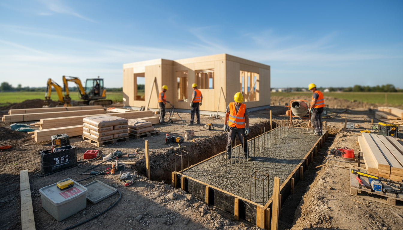 Bauarbeiter gießen Beton für das Fundament eines modernen Rohbaus – kleines Haus bauen 80 qm schlüsselfertig.
