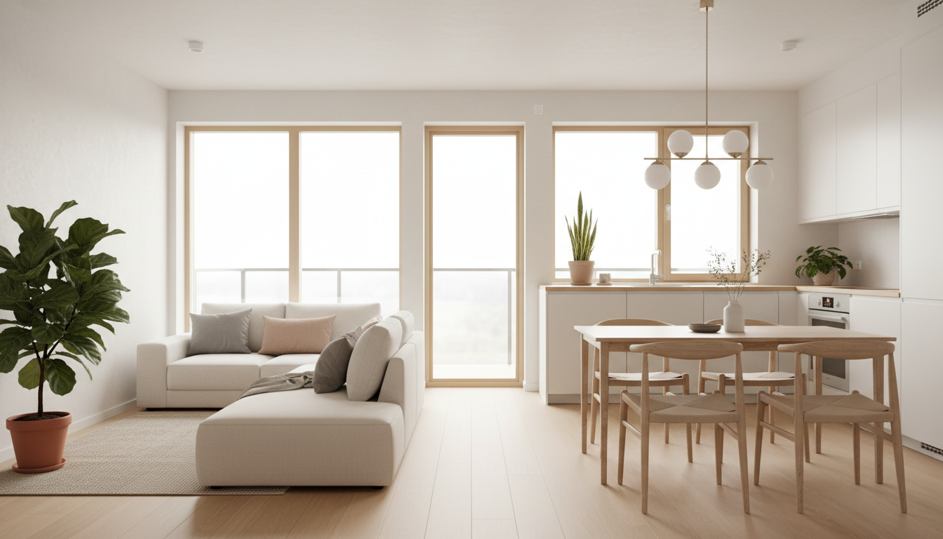 Helles skandinavisches Wohnzimmer, offene Küche und Holzfußboden — kleines Haus bauen 80 qm schlüsselfertig.